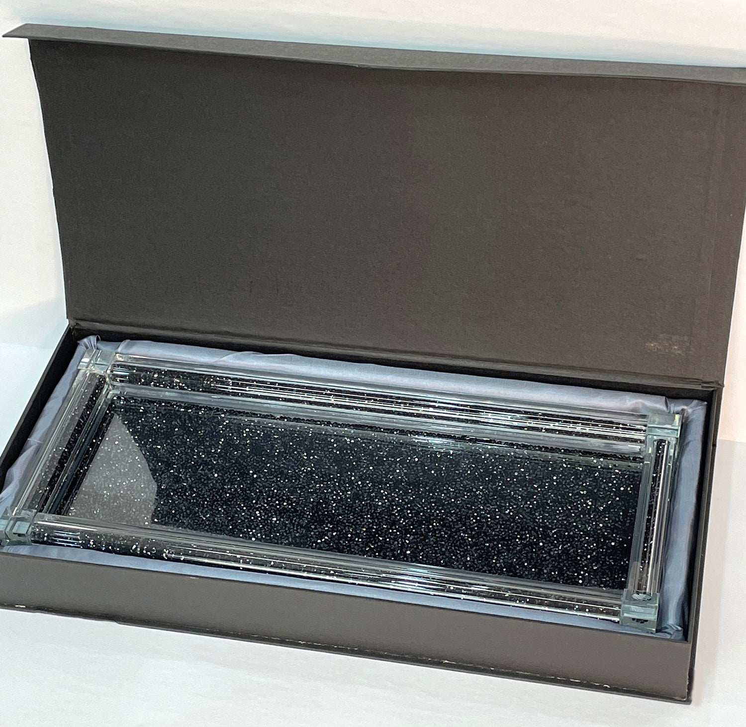 Furnings Black Crushed Diamond Glass Tray in Gift Box - 9"L x 5.5"W x 1.5"H