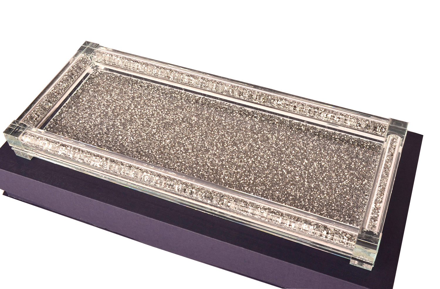 Furnings Silver Crushed Diamond Glass Tray in Gift Box - 9"L x 5.5"W x 1.5"H