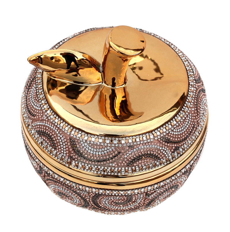 Furnings - Ambrose Gold Plated Crystal Embellished Lidded Ceramic Apple Bowl (7.5 In. x 7.5 In. x 8 In.)