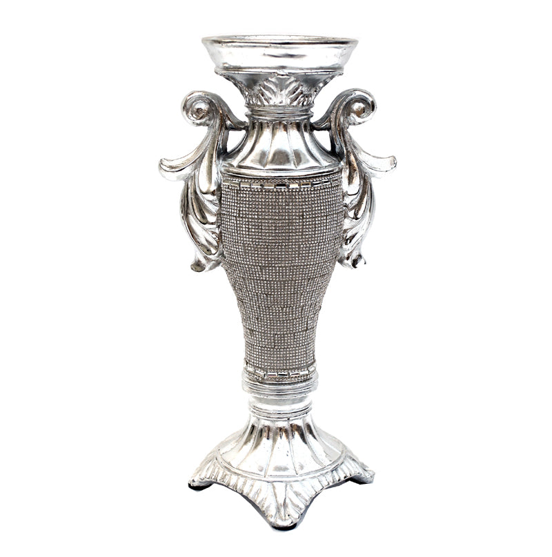 Furnings - Ambrose Chrome Plated Crystal Embellished Ceramic Candlestick Holder (6 In. x 4 In. x 11.5 In.)