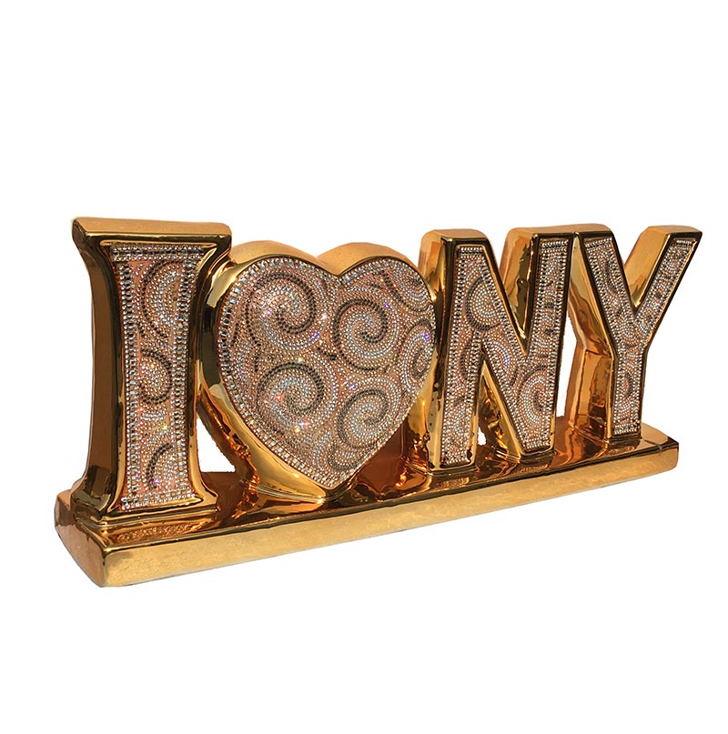 Furnings Ambrose "I Love New York" Ceramic Gold Plated Table Top in Diamond Incrustation (20-in x 4-in x 8-in)