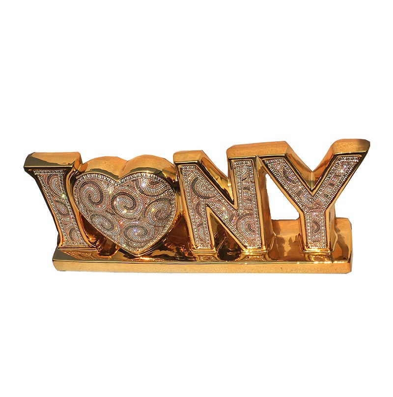 Furnings Ambrose "I Love New York" Ceramic Gold Plated Table Top in Diamond Incrustation (20-in x 4-in x 8-in)