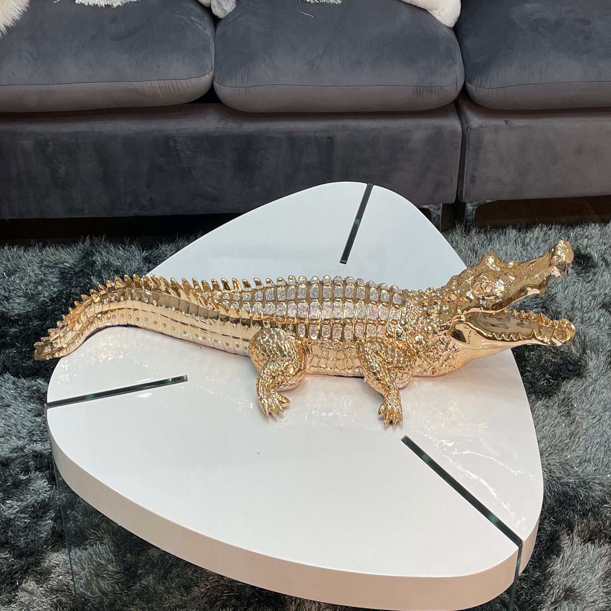 Furnings Ambrose Diamond Encrusted Gold Plated Crocodile - 34"L X 10.5"W X 9"H