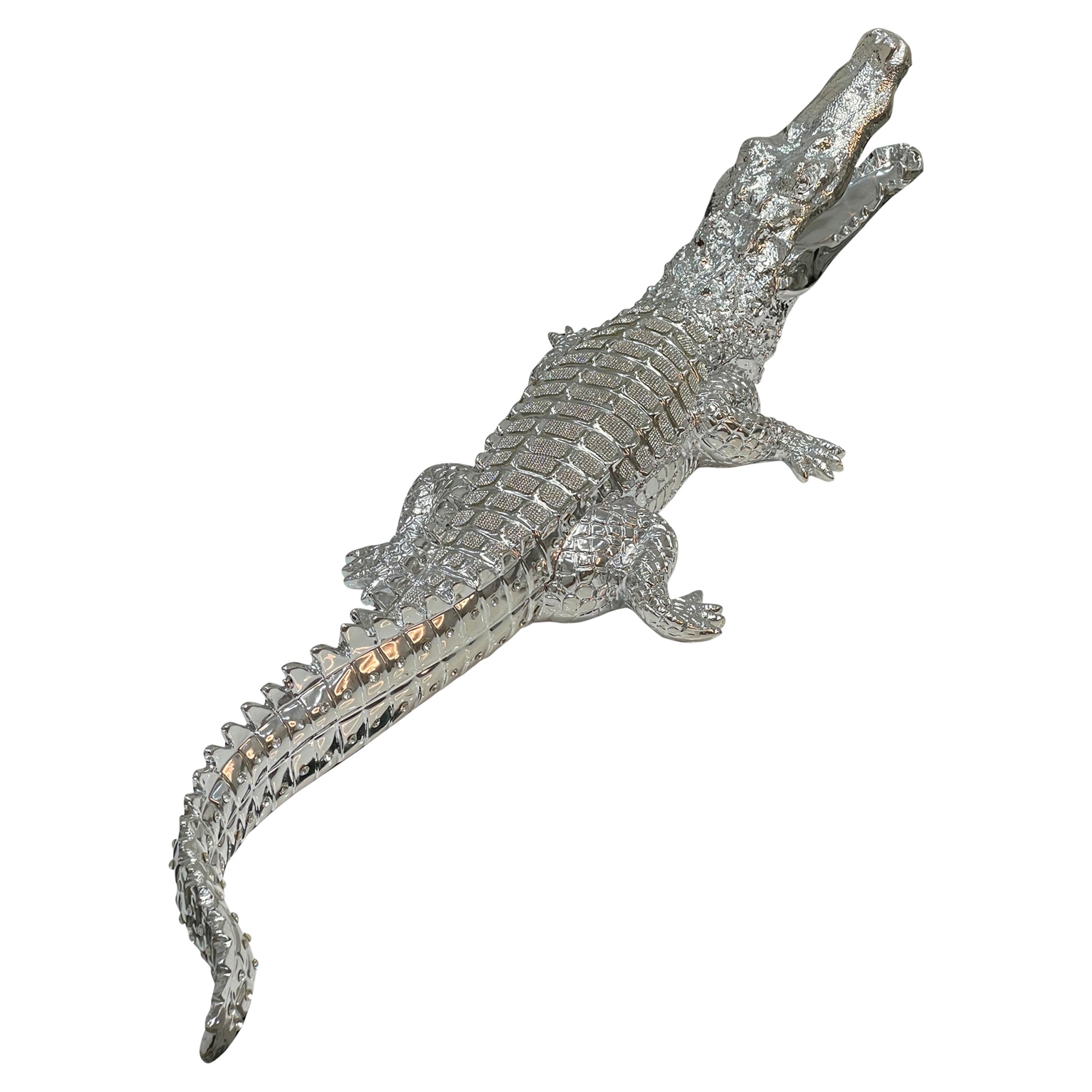 Furnings Ambrose Diamond Encrusted Chrome Plated Crocodile - 34"L X 10.5"W X 9"H