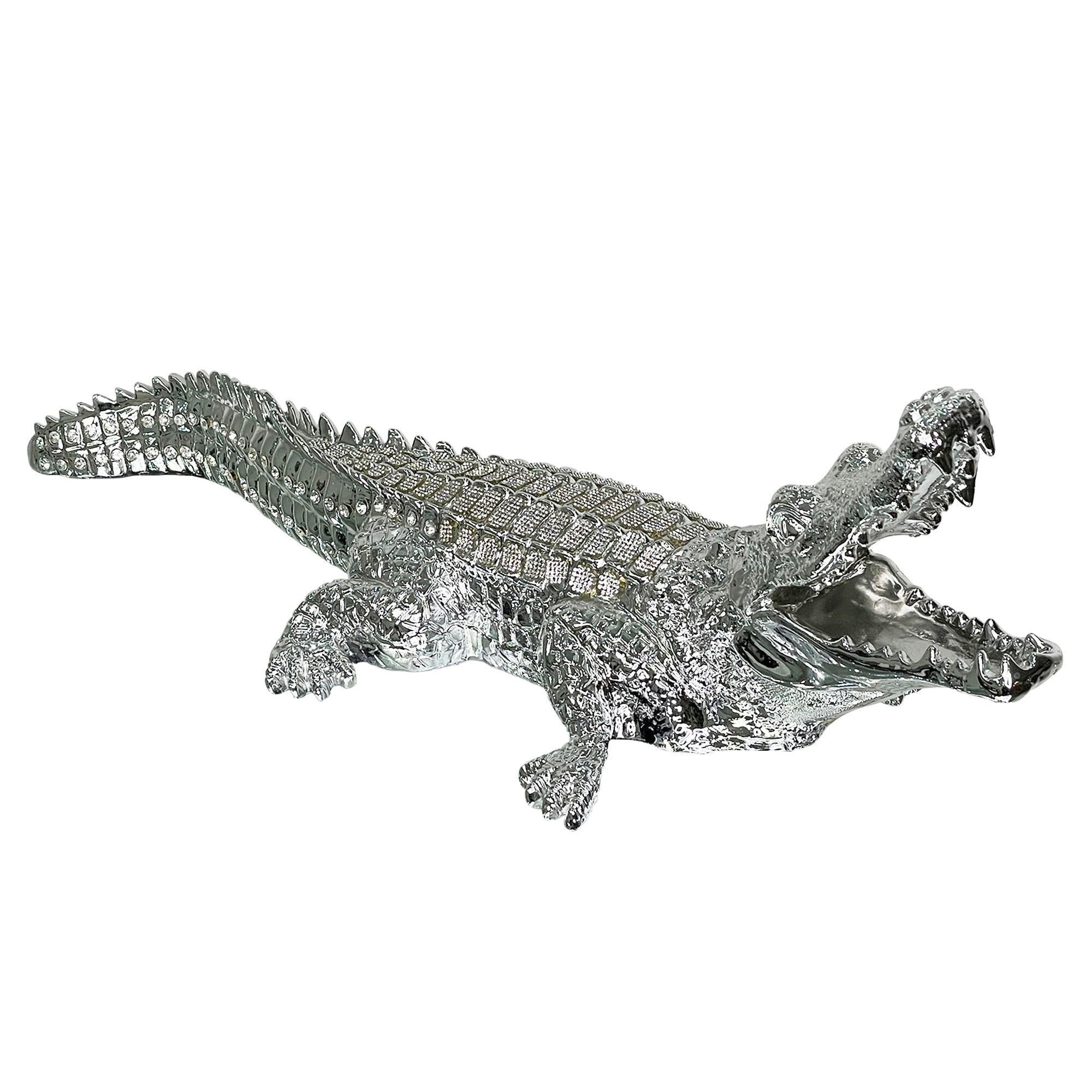 Furnings Ambrose Diamond Encrusted Chrome Plated Crocodile - 34"L X 10.5"W X 9"H