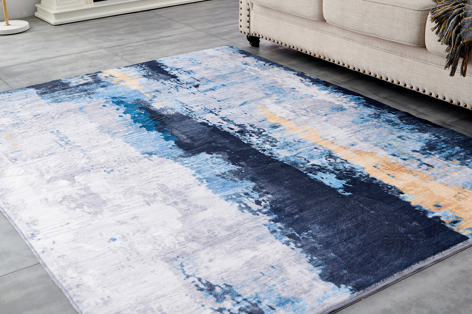 Furnings Zara Abstract Design Machine Washable Gray Blue Yellow Area Rug - 3'L x 2'W x 1"H