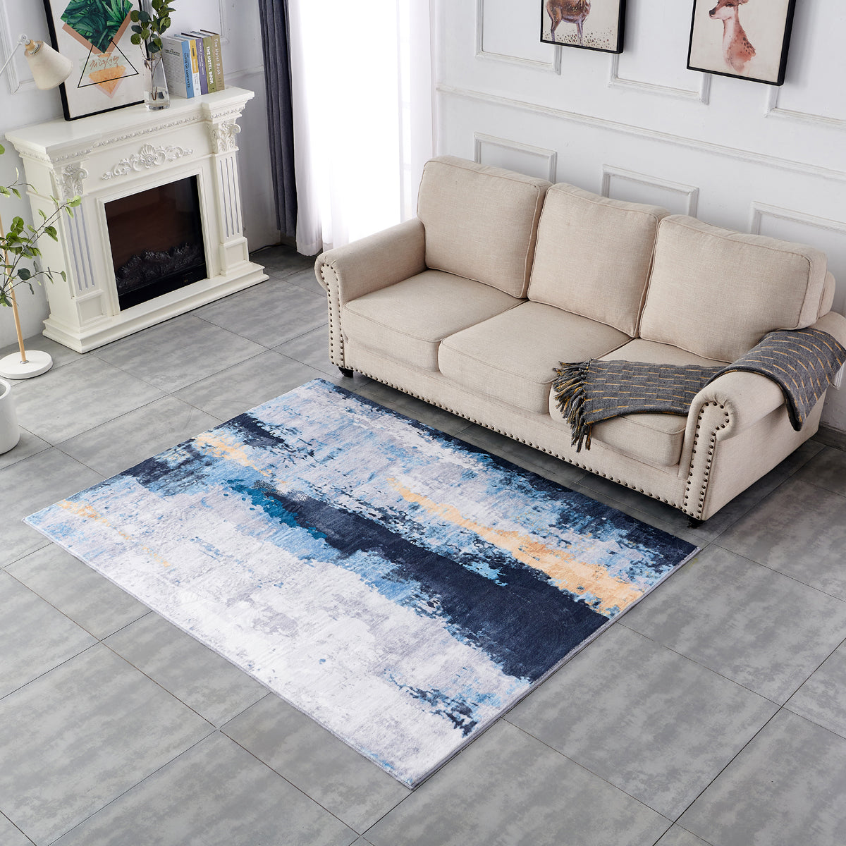 Furnings Zara Abstract Design Machine Washable Gray Blue Yellow Area Rug - 3'L x 2'W x 1"H