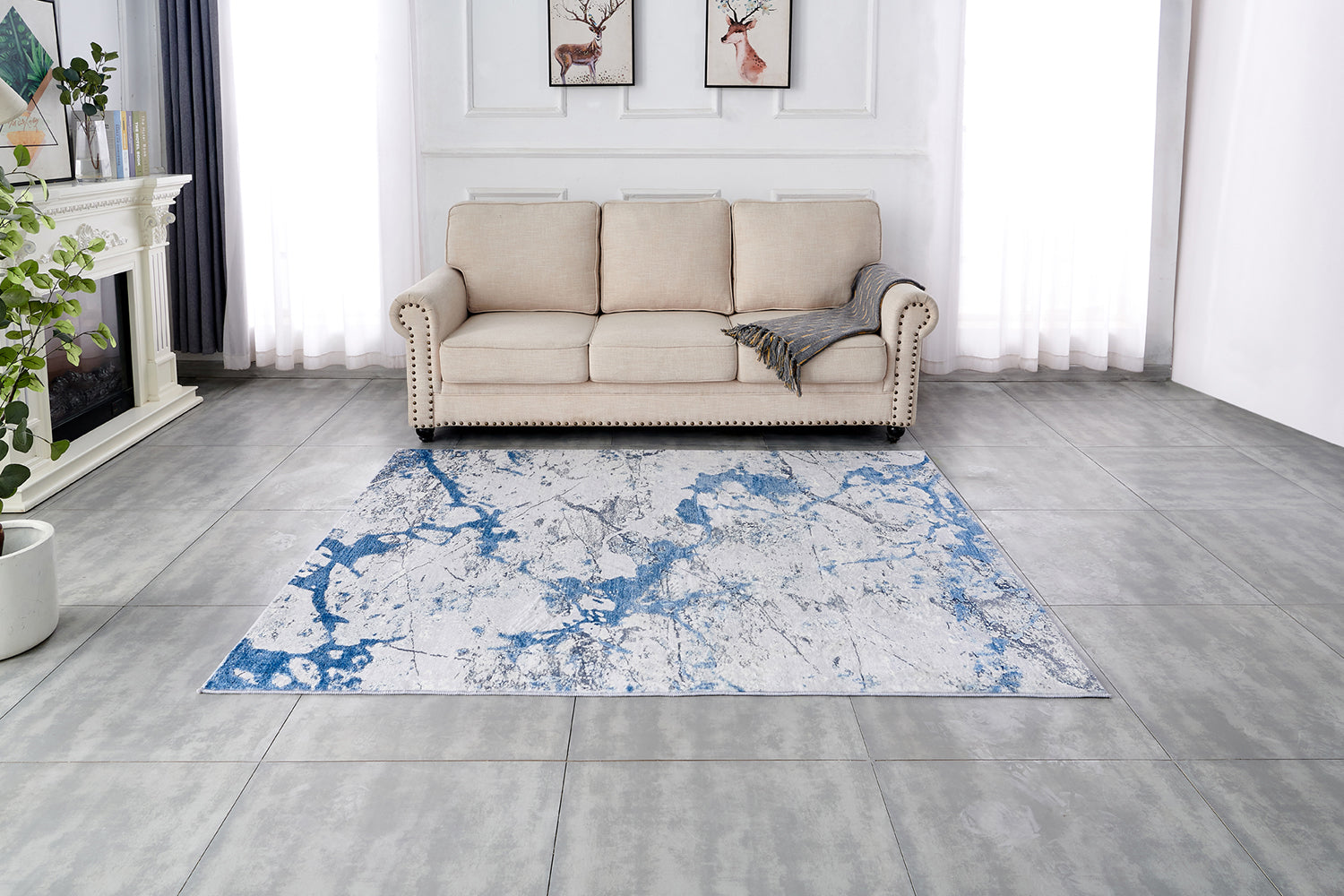 Furnings Zara Abstract Design Machine Washable Silver Blue Area Rug - 3'L x 2'W x 1"H