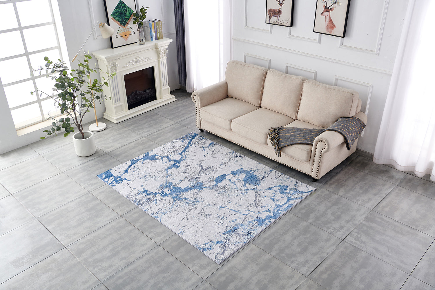 Furnings Zara Abstract Design Machine Washable Silver Blue Area Rug - 7'L x 5'W x 1"H