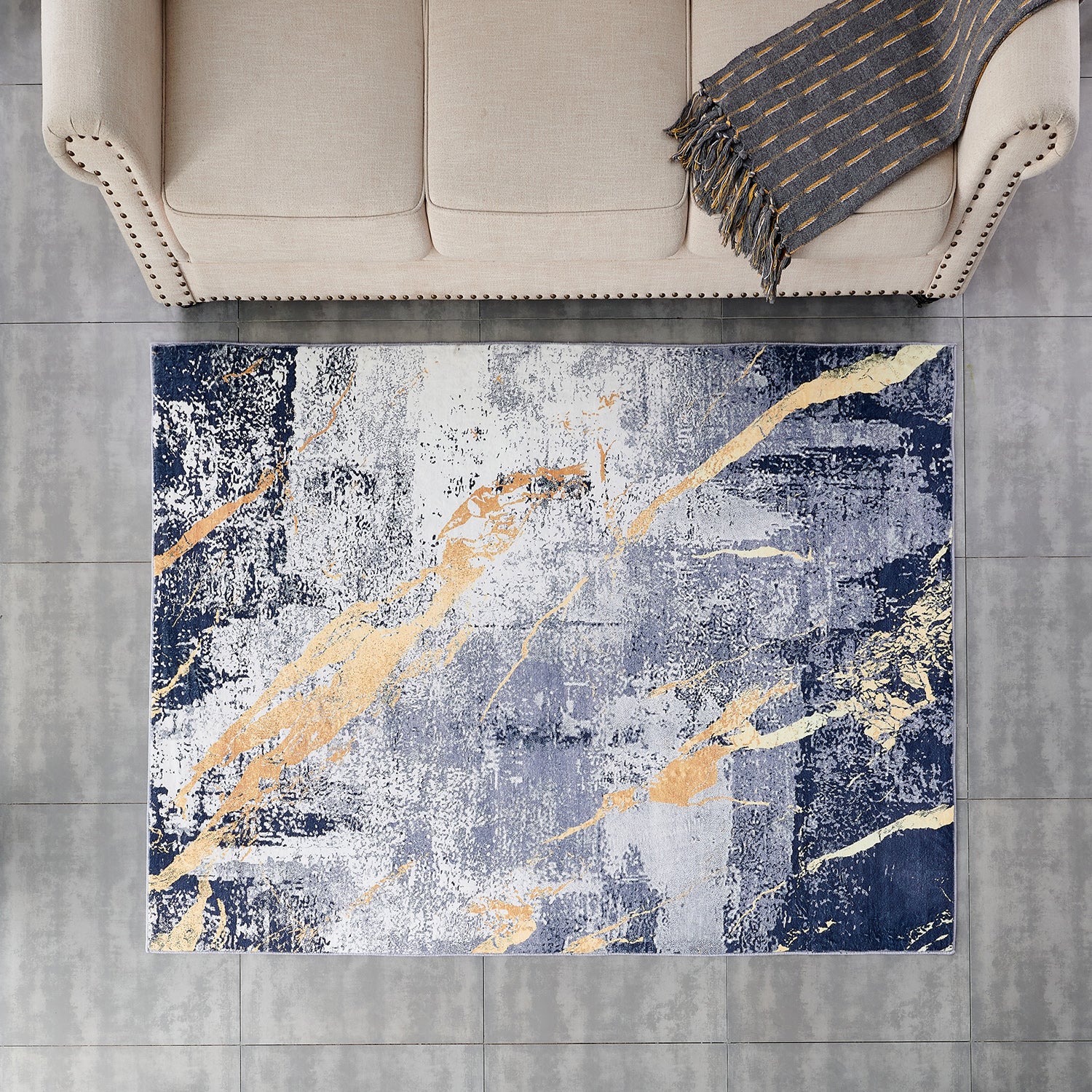 Furnings Zara Abstract Design Machine Washable Blue Gray Yellow Area Rug - 3'L x 2'W x 1"H