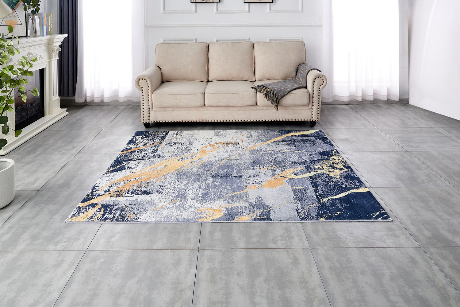 Furnings Zara Abstract Design Machine Washable Blue Gray Yellow Area Rug - 3'L x 2'W x 1"H