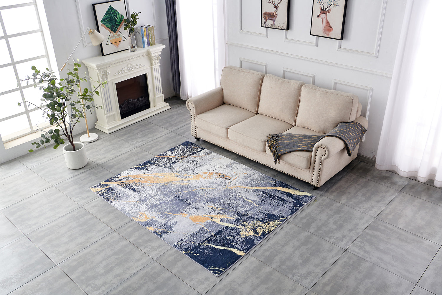 Furnings Zara Abstract Design Machine Washable Blue Gray Yellow Area Rug - 10.5'L x 7.5'W x 1"H