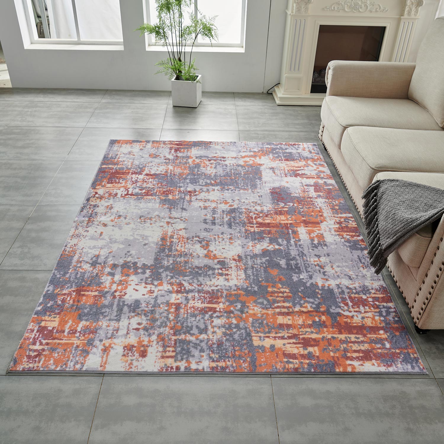 Furnings - Zara Abstract Design Machine Washable Gray, Brown and Orange Area Rug