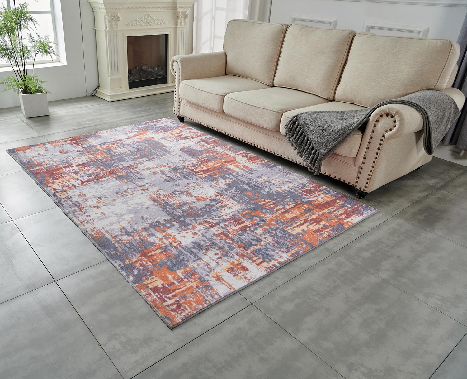 Furnings Zara Abstract Design Machine Washable Gray, Brown and Orange Area Rug - 10.5'L x 7.5'W x 1"H