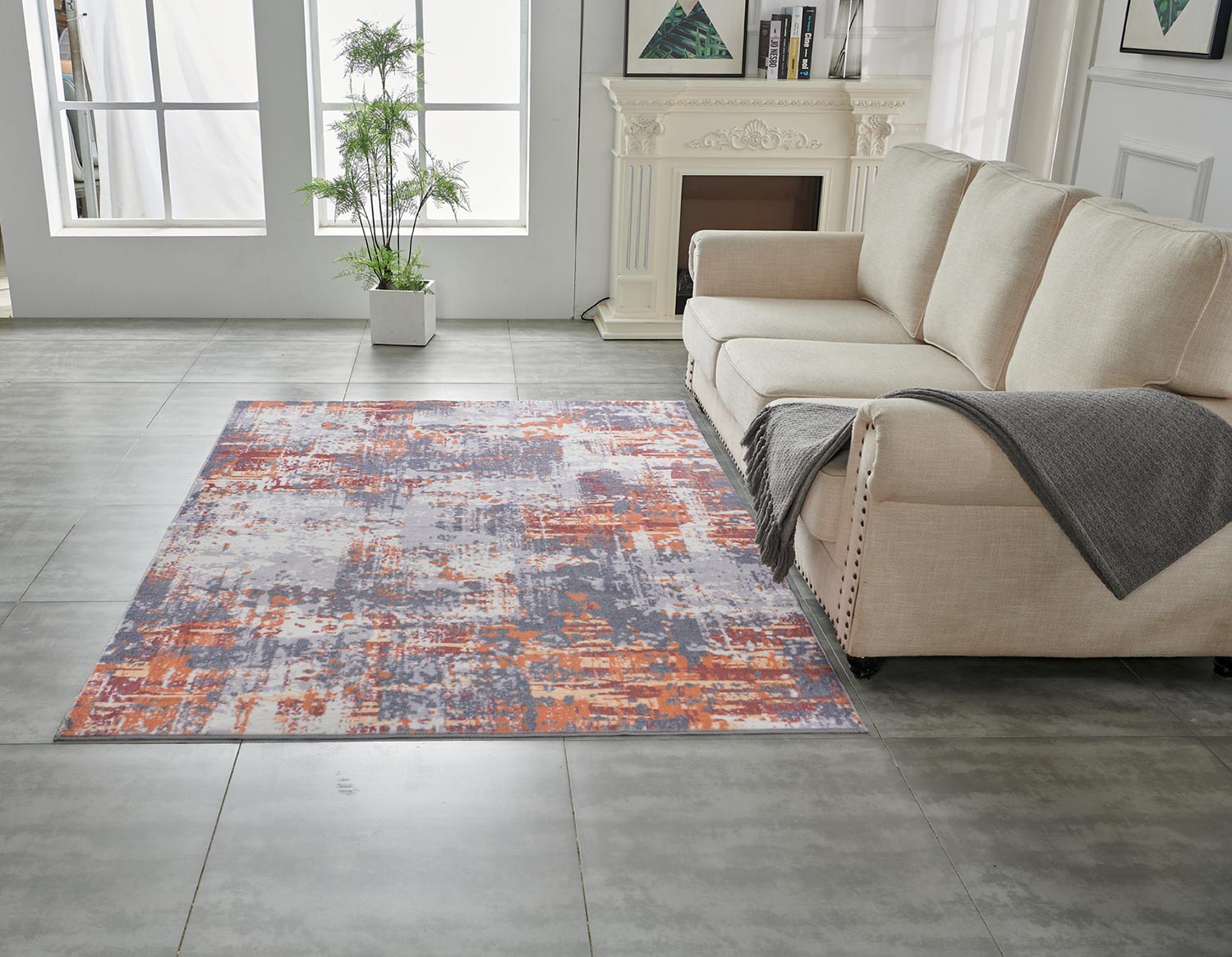 Furnings Zara Abstract Design Machine Washable Gray, Brown and Orange Area Rug - 10.5'L x 7.5'W x 1"H