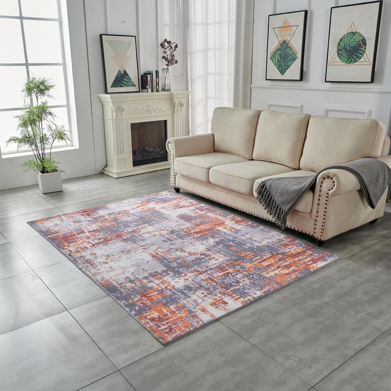 Furnings Zara Abstract Design Machine Washable Gray, Brown and Orange Area Rug - 10.5'L x 7.5'W x 1"H