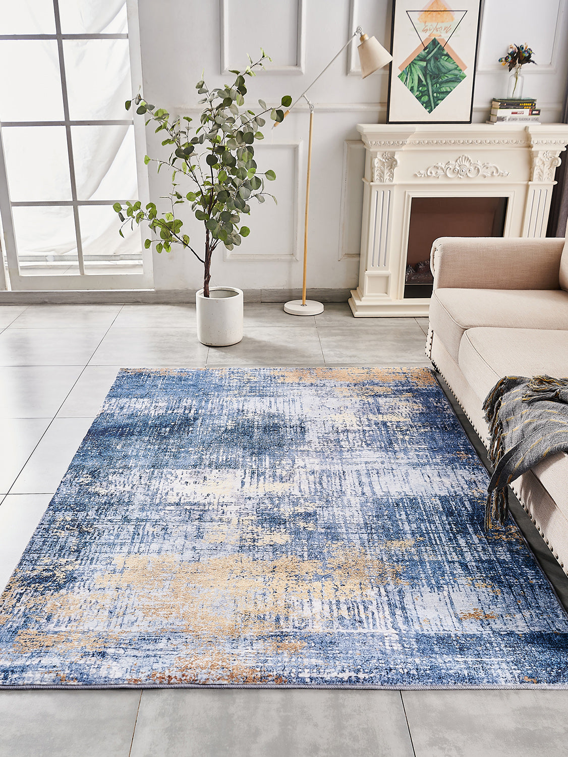 Furnings Zara Abstract Design Machine Washable Blue and Gold Area Rug - 3'L x 2'W x 1"H