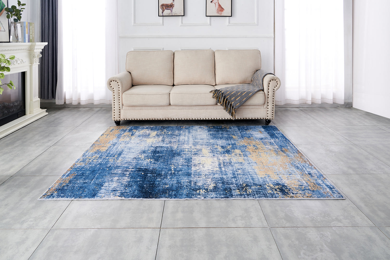 Furnings Zara Abstract Design Machine Washable Blue and Gold Area Rug - 3'L x 2'W x 1"H