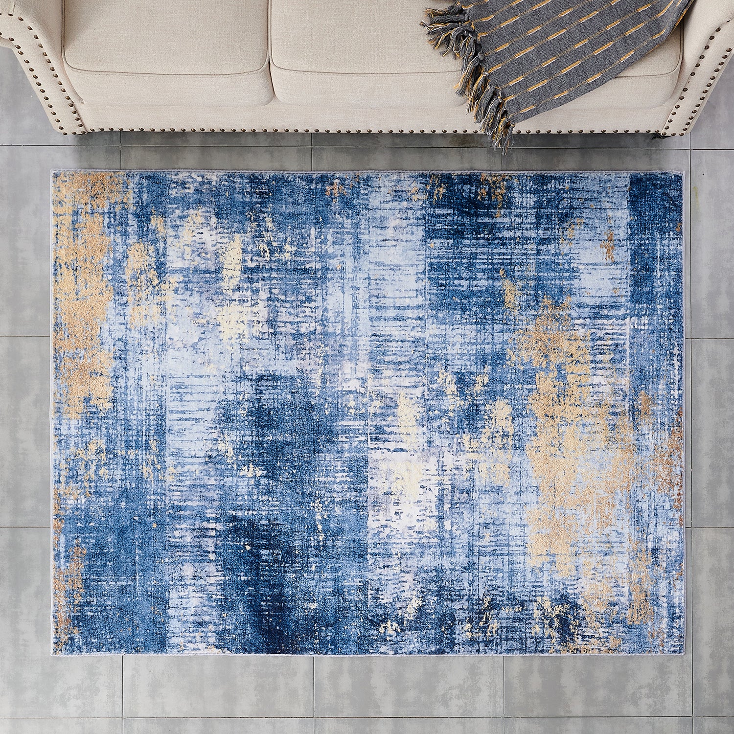 Furnings - Zara Abstract Design Machine Washable Blue and Gold Area Rug