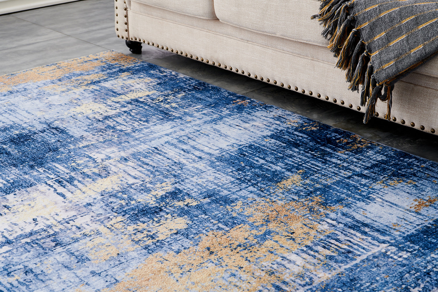 Furnings Zara Abstract Design Machine Washable Blue and Gold Area Rug - 10.5'L x 7.5'W x 1H