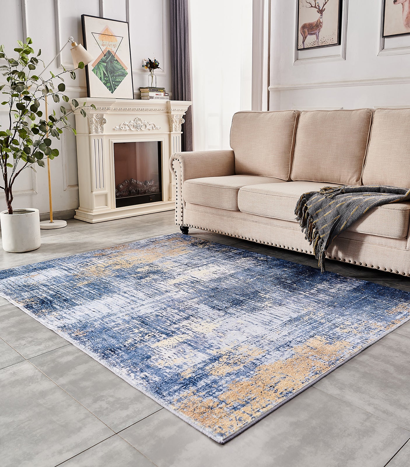 Furnings Zara Abstract Design Machine Washable Blue and Gold Area Rug - 10.5'L x 7.5'W x 1H