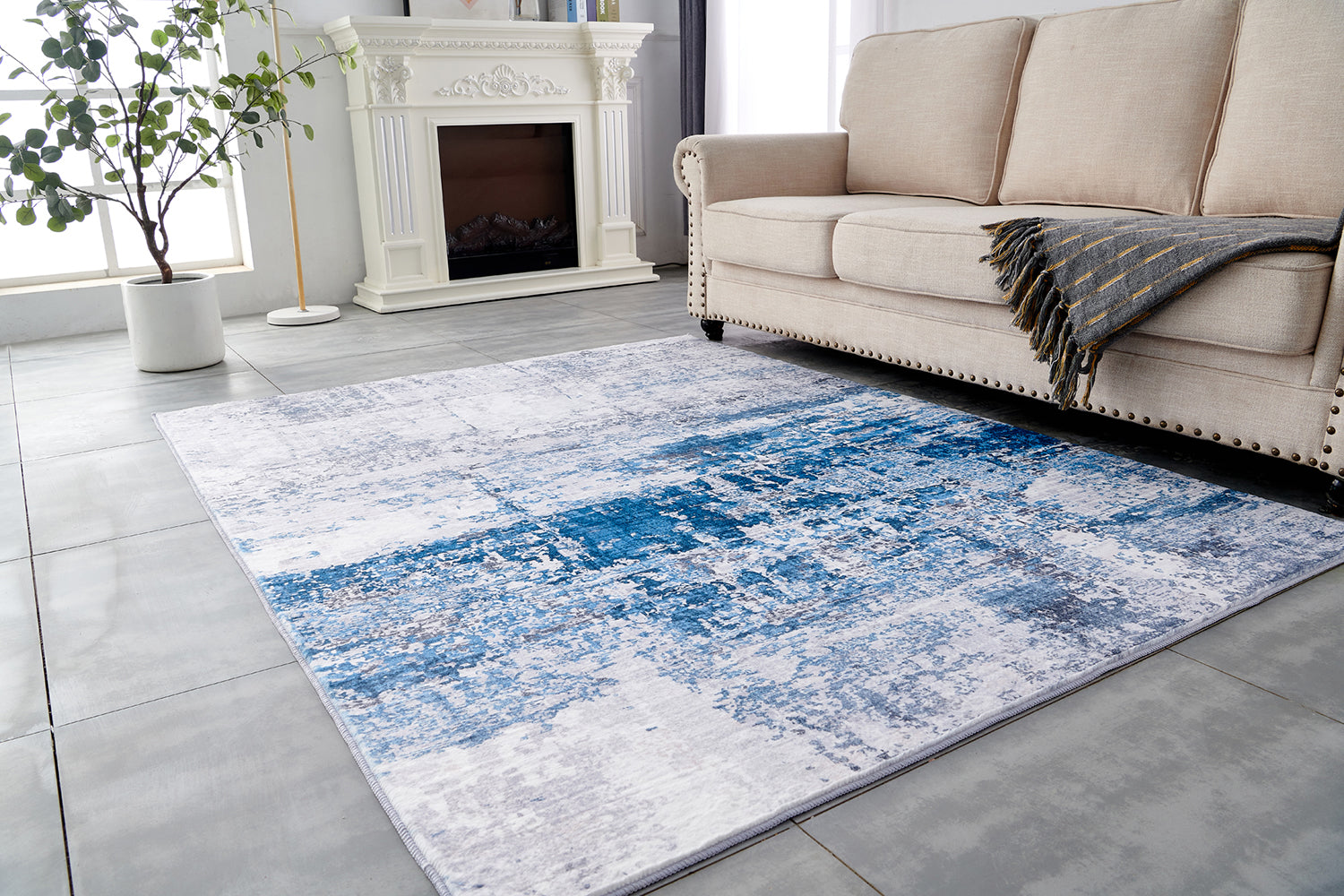 Furnings Zara Abstract Design Machine Washable Gray and Turquoise Area Rug - 3'L x 2'W x 1"H