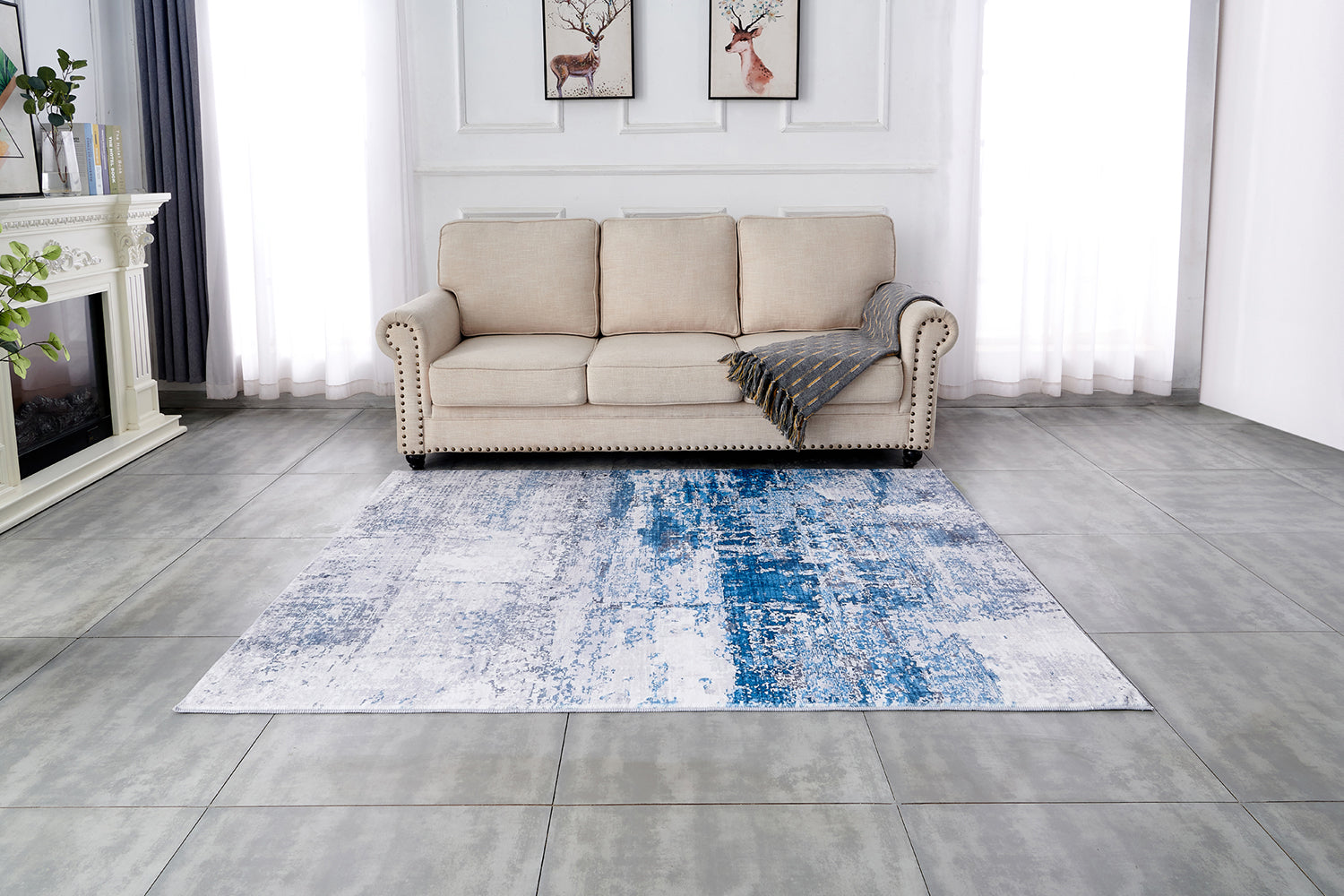 Furnings Zara Abstract Design Machine Washable Gray and Turquoise Area Rug - 6'L x 4'W x 1"H