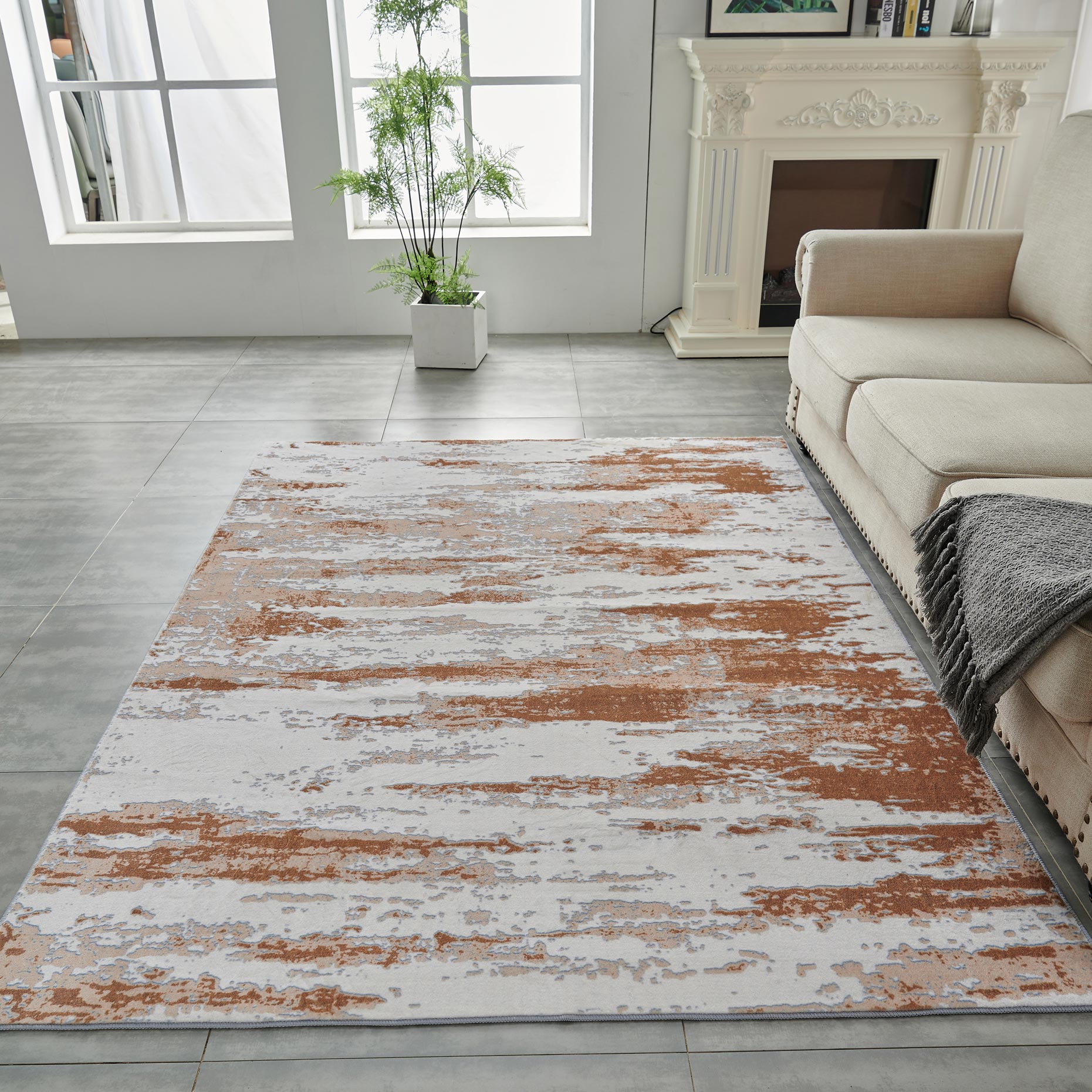 Furnings Zara Abstract Design Machine Washable Gray, Brown and Rust Area Rug - 3'L x 2'W x 1"H