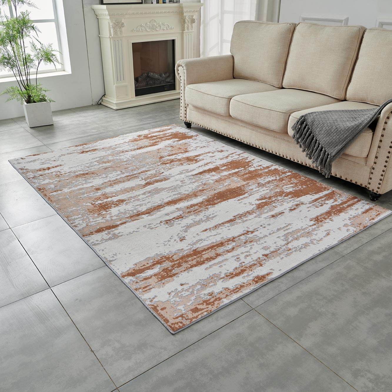 Furnings Zara Abstract Design Machine Washable Gray, Brown and Rust Area Rug - 3'L x 2'W x 1"H