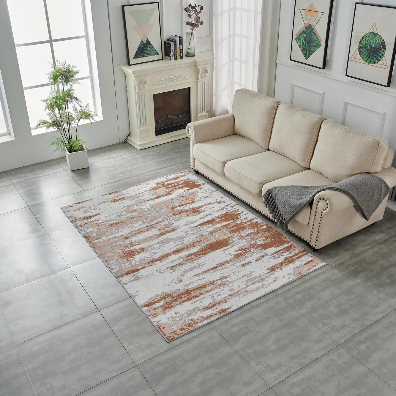 Furnings Zara Abstract Design Machine Washable Gray, Brown and Rust Area Rug - 3'L x 2'W x 1"H