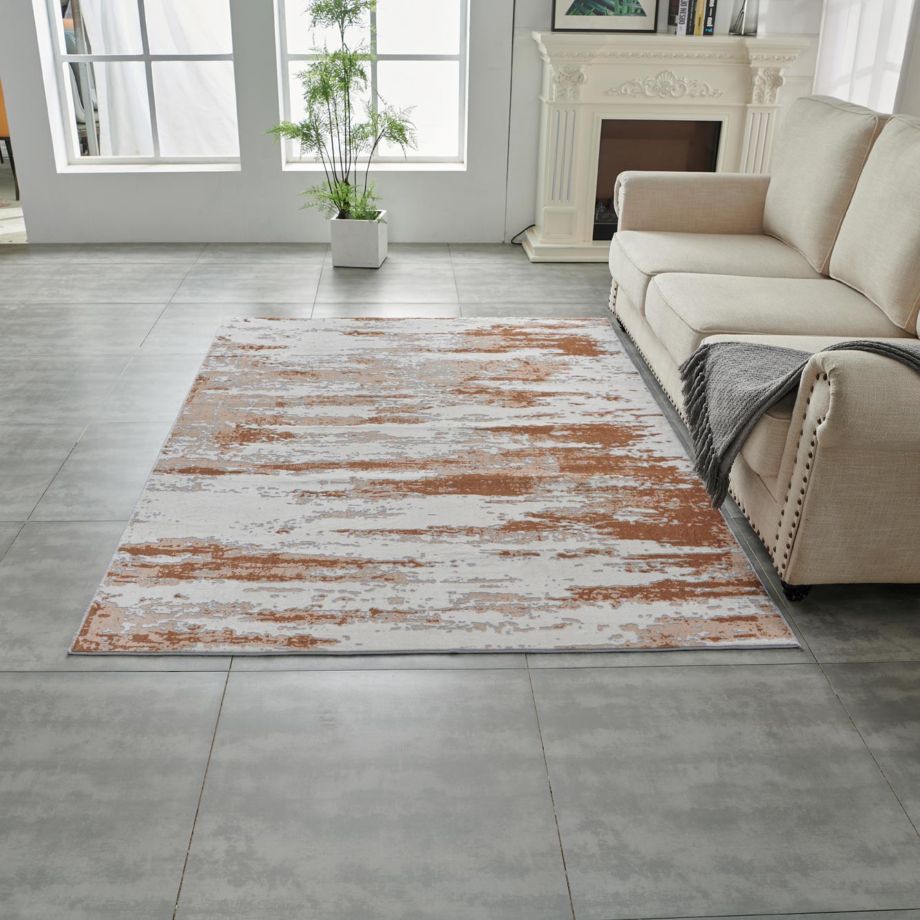 Furnings Zara Abstract Design Machine Washable Gray, Brown and Rust Area Rug - 3'L x 2'W x 1"H