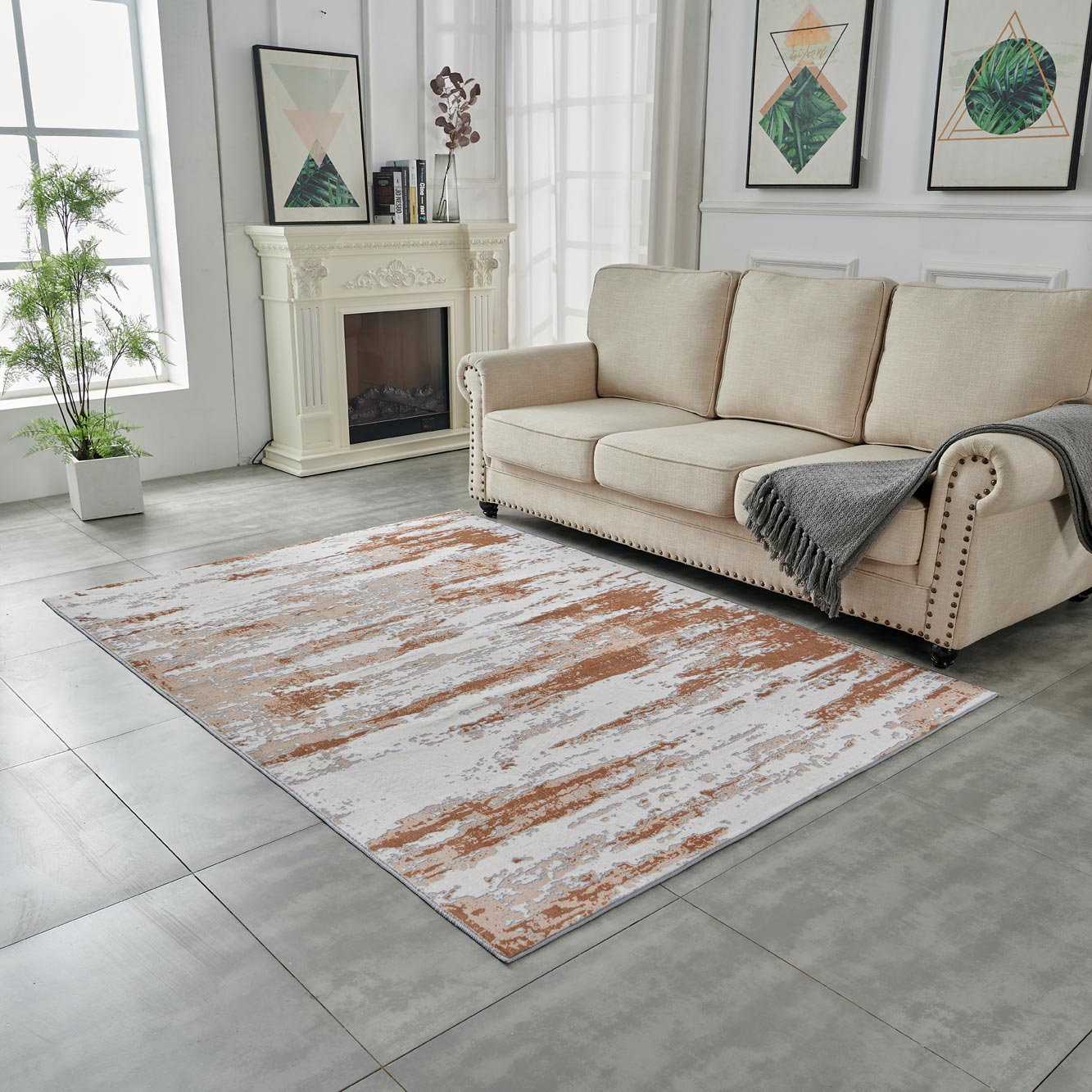 Furnings - Zara Abstract Design Machine Washable Gray, Brown and Rust Area Rug