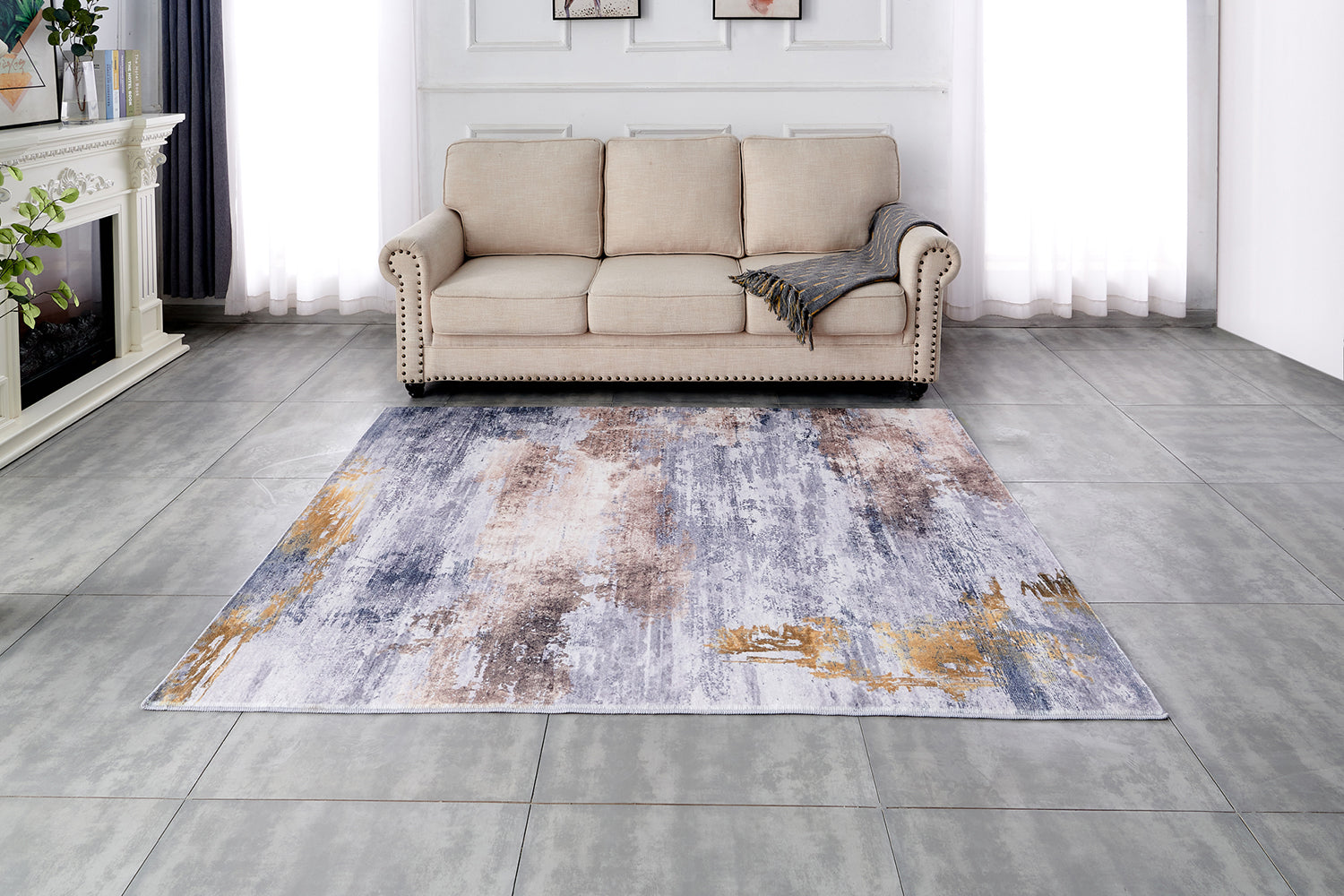 Furnings Zara Abstract Design Machine Washable Gray, Brown and Rust Area Rug - 10.5'L x 7.5'W x 1"H