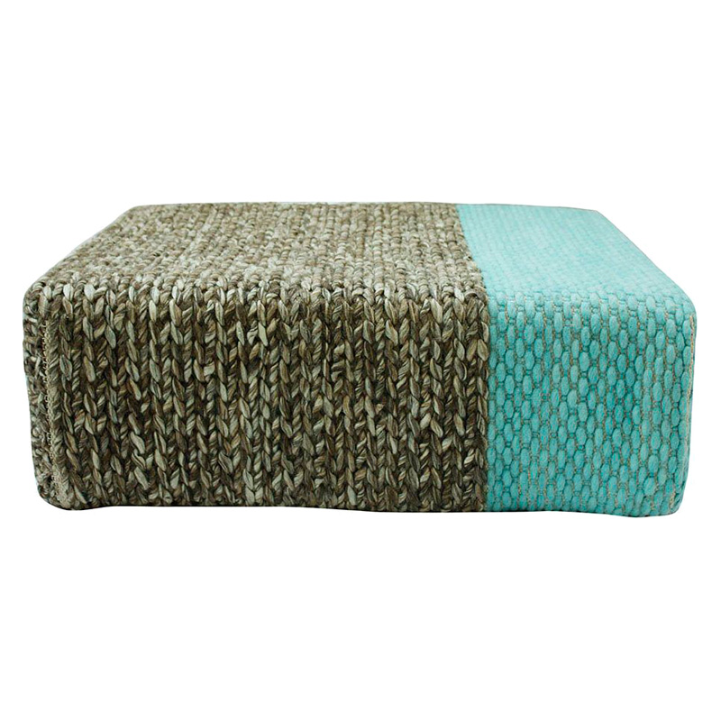 GFURN Ira Handmade Wool Braided Square Pouf - Natural/Pastel Turquoise