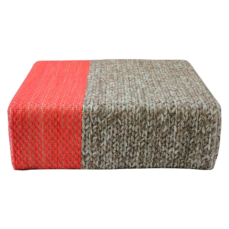 GFURN Ira Handmade Wool Braided Square Pouf - Natural/Living Coral