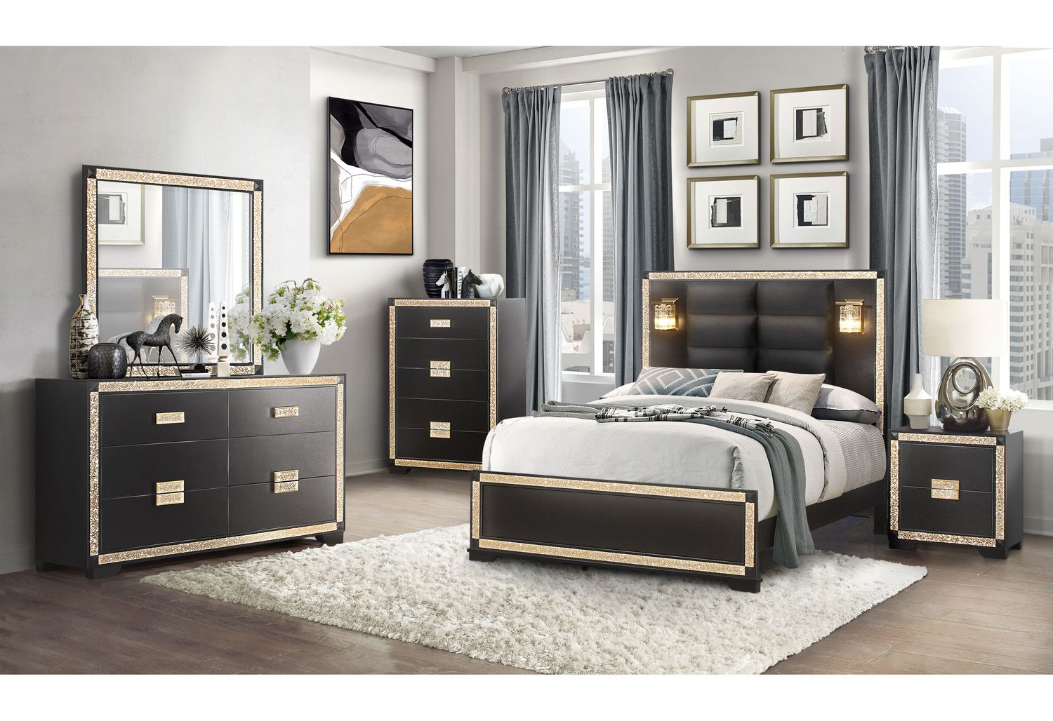 GF Blake Black/Gold Full Bed With Lamps