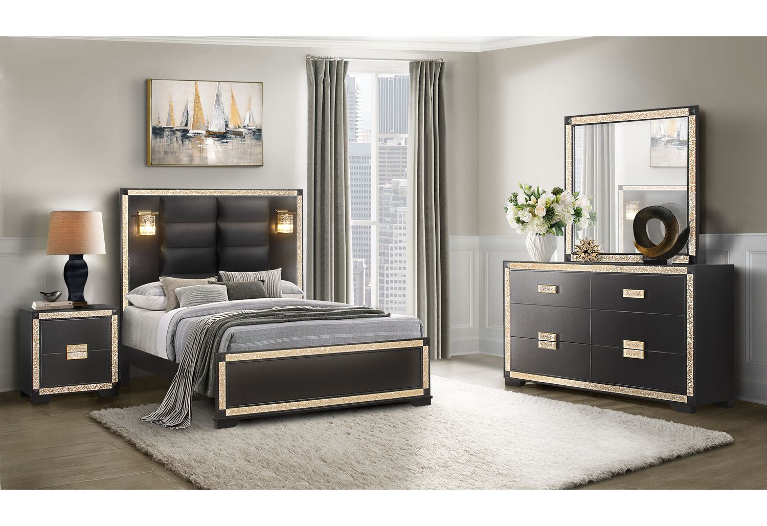 GF Blake Black/Gold Full Bed With Lamps