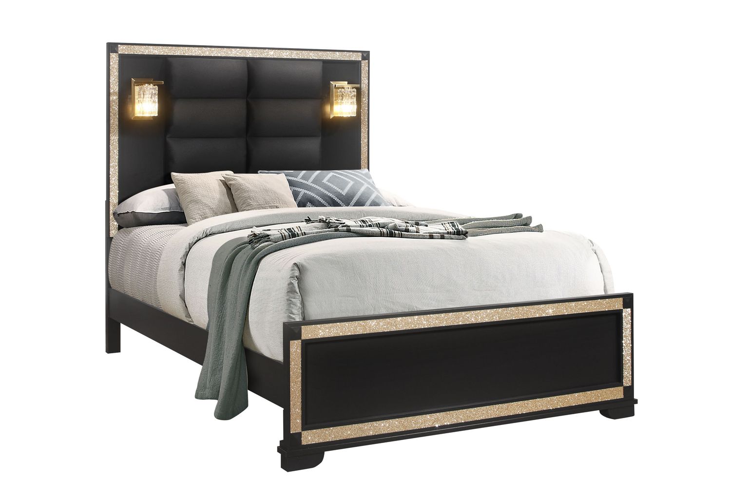 GF Blake Black/Gold Queen Bed With Lamps