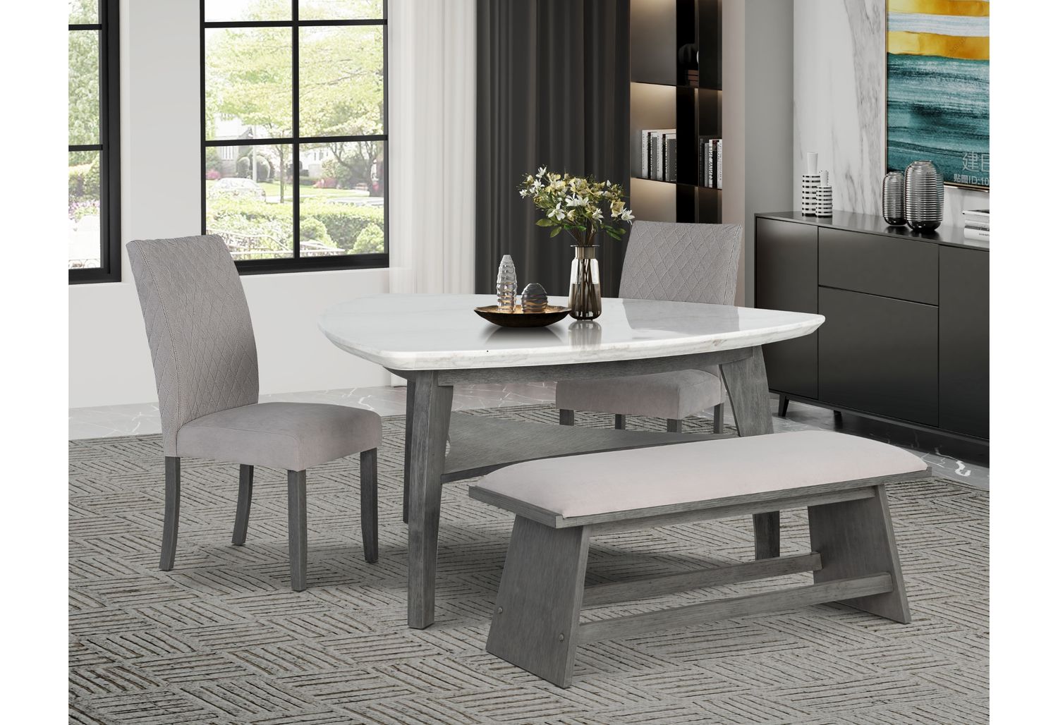 GF - D8192 Triangle DT Dining Table + 2 Dining Chairs + Bench