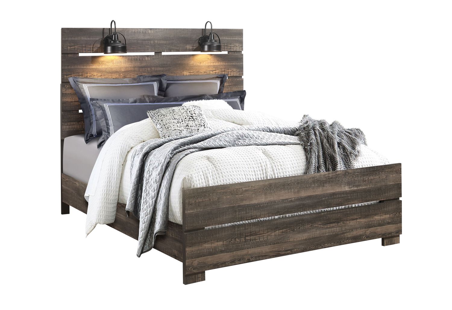 GF Linwood Dark Oak Queen Bed With Lamps