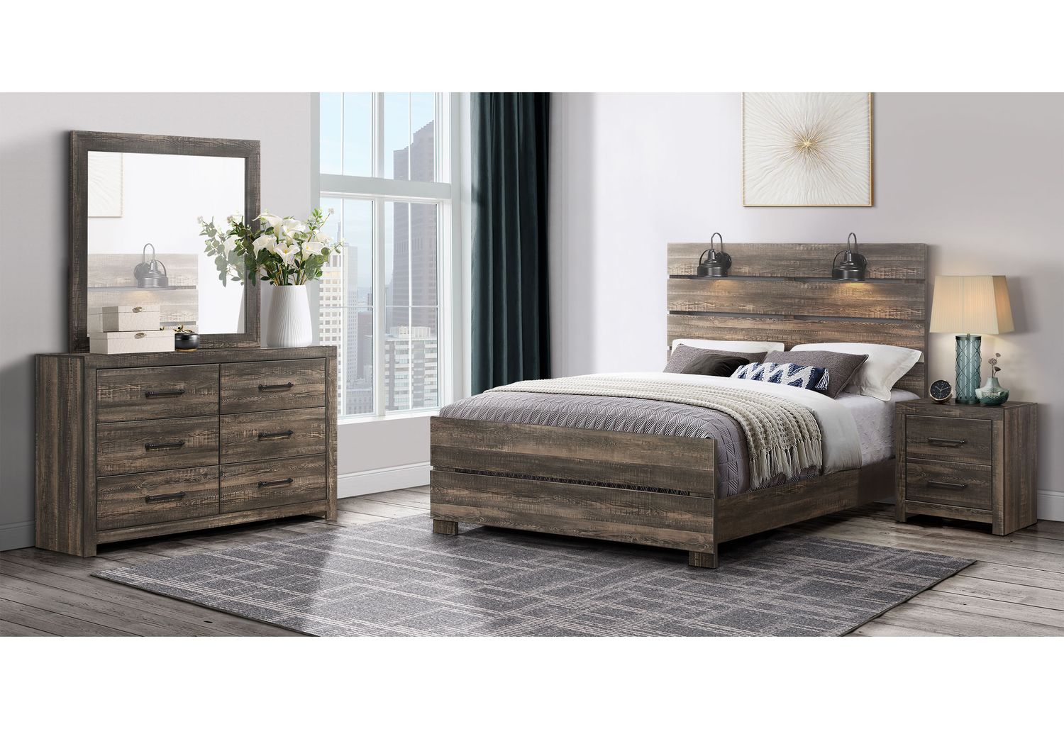 GF Linwood Dark Oak Queen Bed Group With Lamps