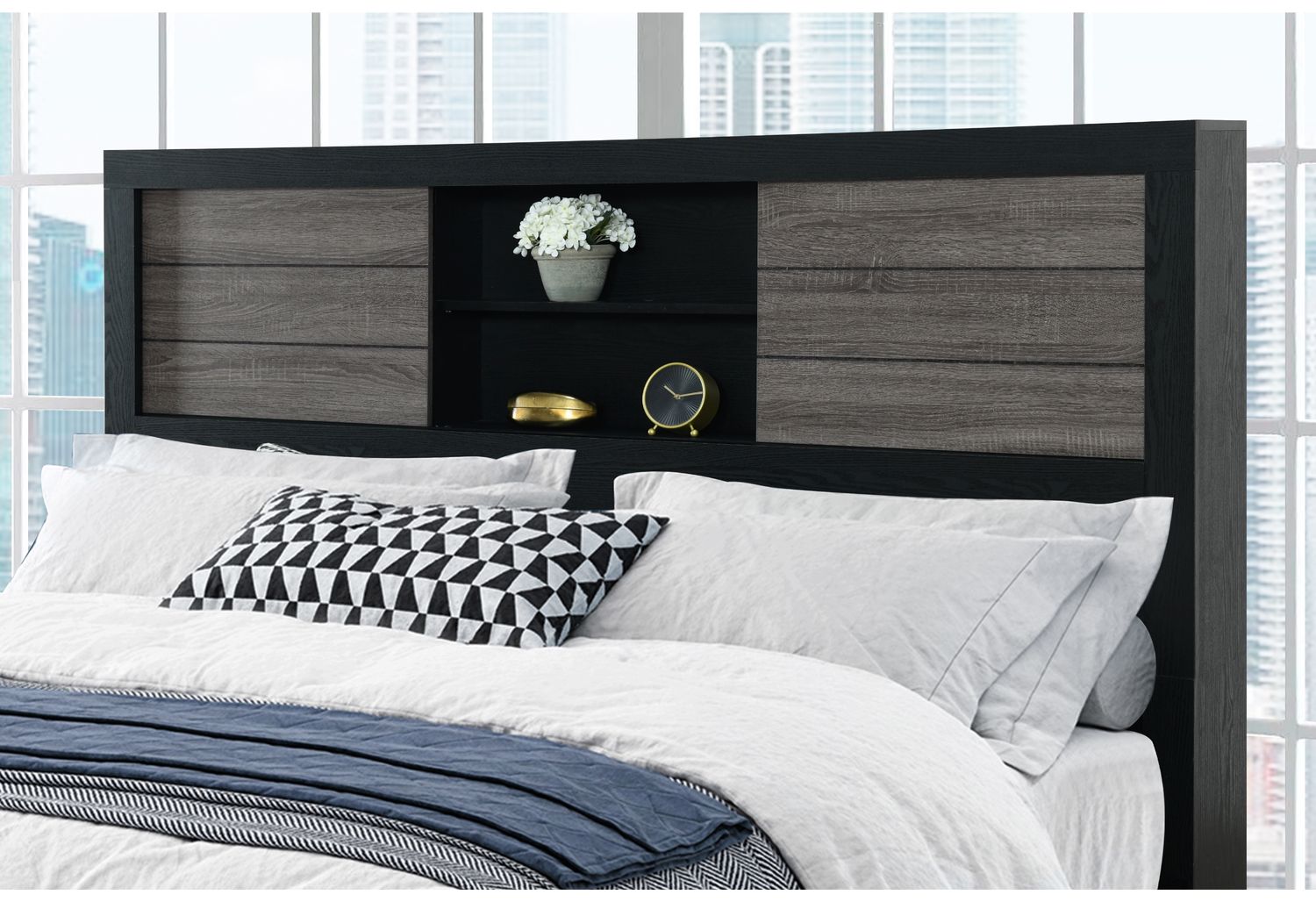 GF Lisbon Gray/Black Bookcase Queen Bed