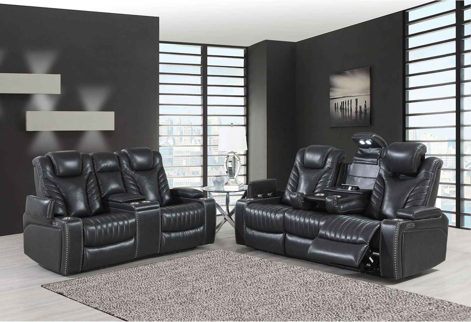 GF - U1677 Gray Power Reclining Sofa and Power Console Reclining Loveseat and Power Recliner