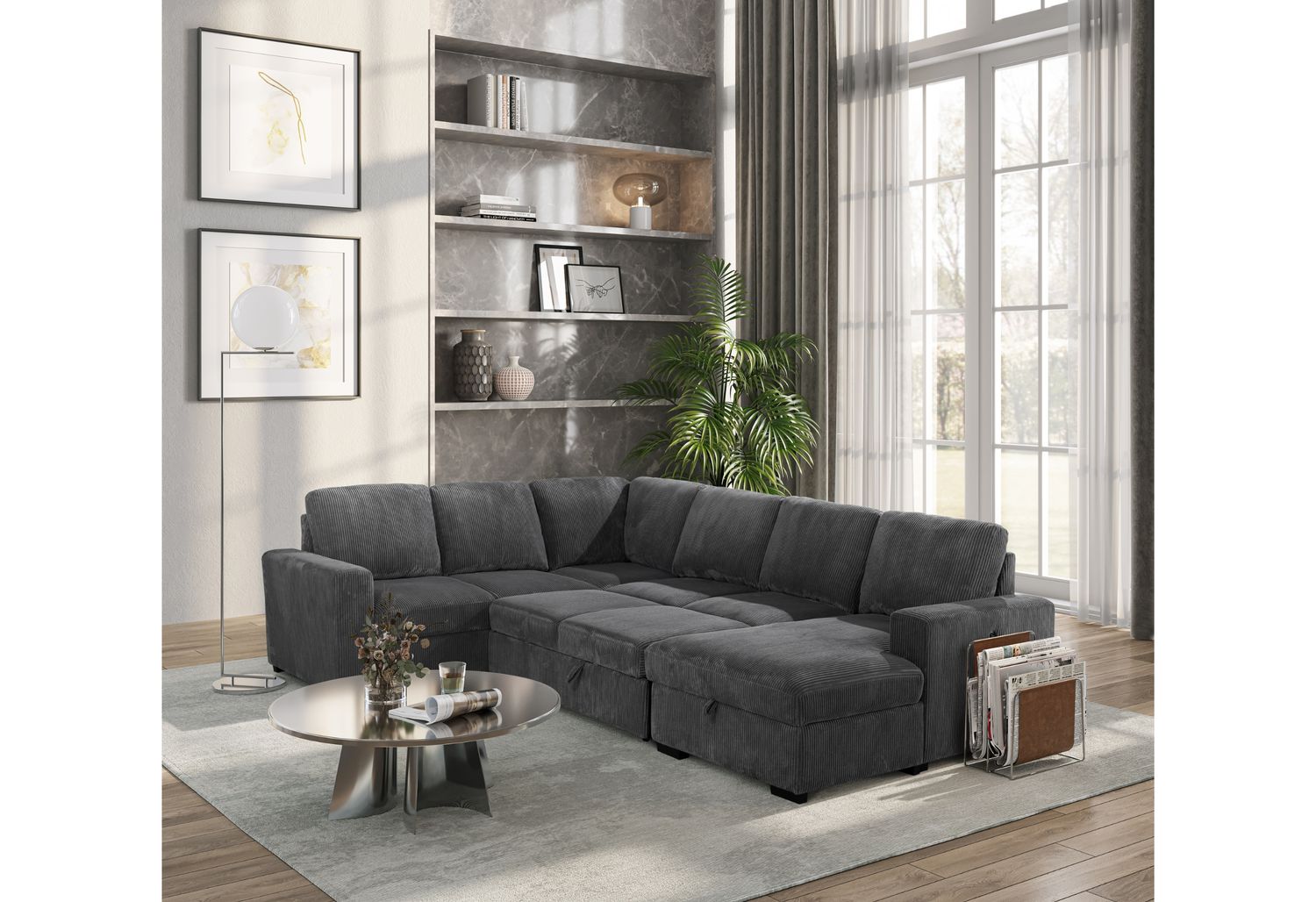 GF - U2660 Gray Sectional With Pull Out Sofa Bed