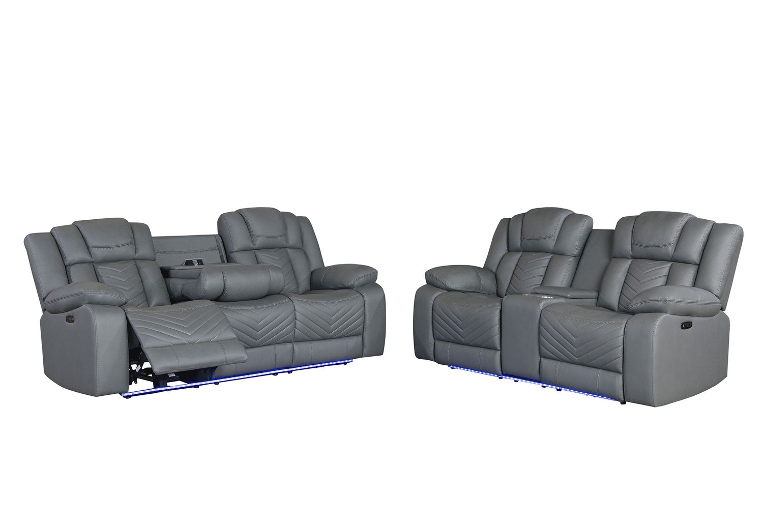 GF - U7068 Gray 10 Power Reclining Sofa/Power Console Reclining Love Seat/Power Recliner With Led