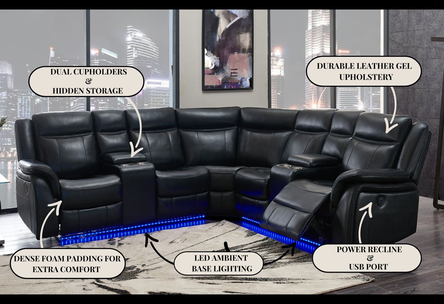 GF - UM02 Black Sectional With Led