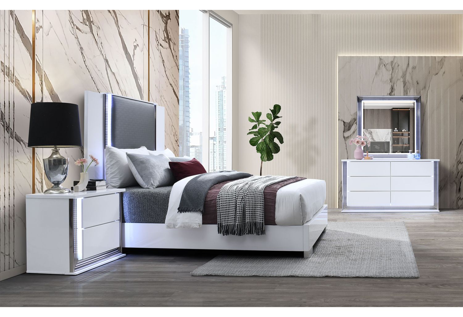 GF Ylime Smooth White Queen Bed Group With Vanity Set