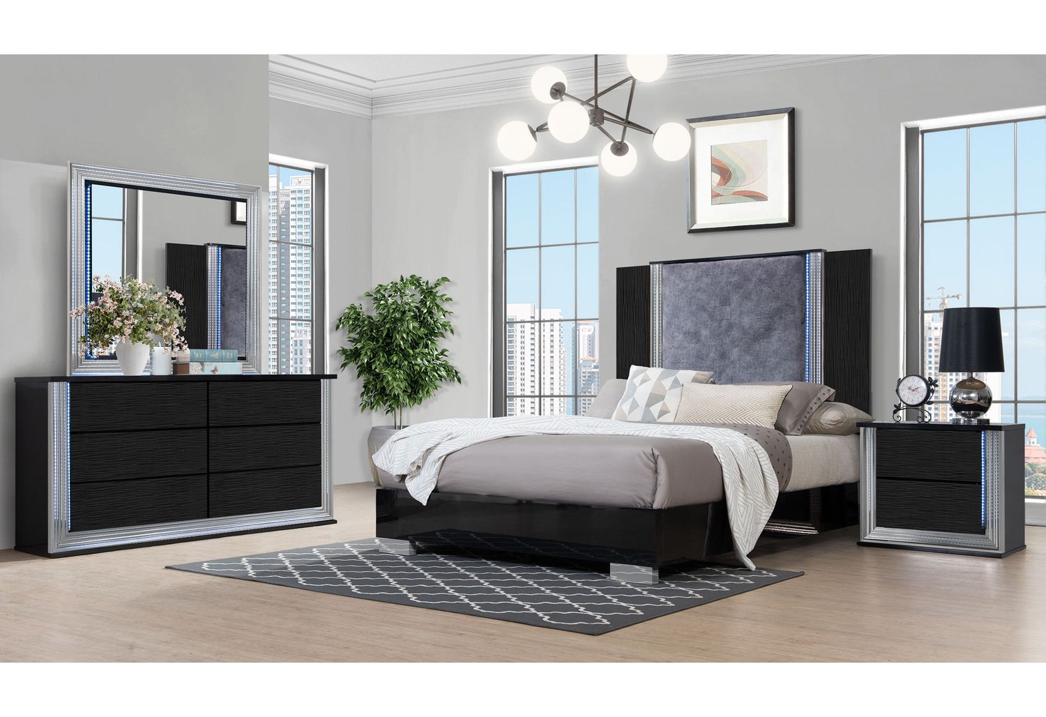 GF Ylime Wavy Black Queen Bed Group With Vanity Set