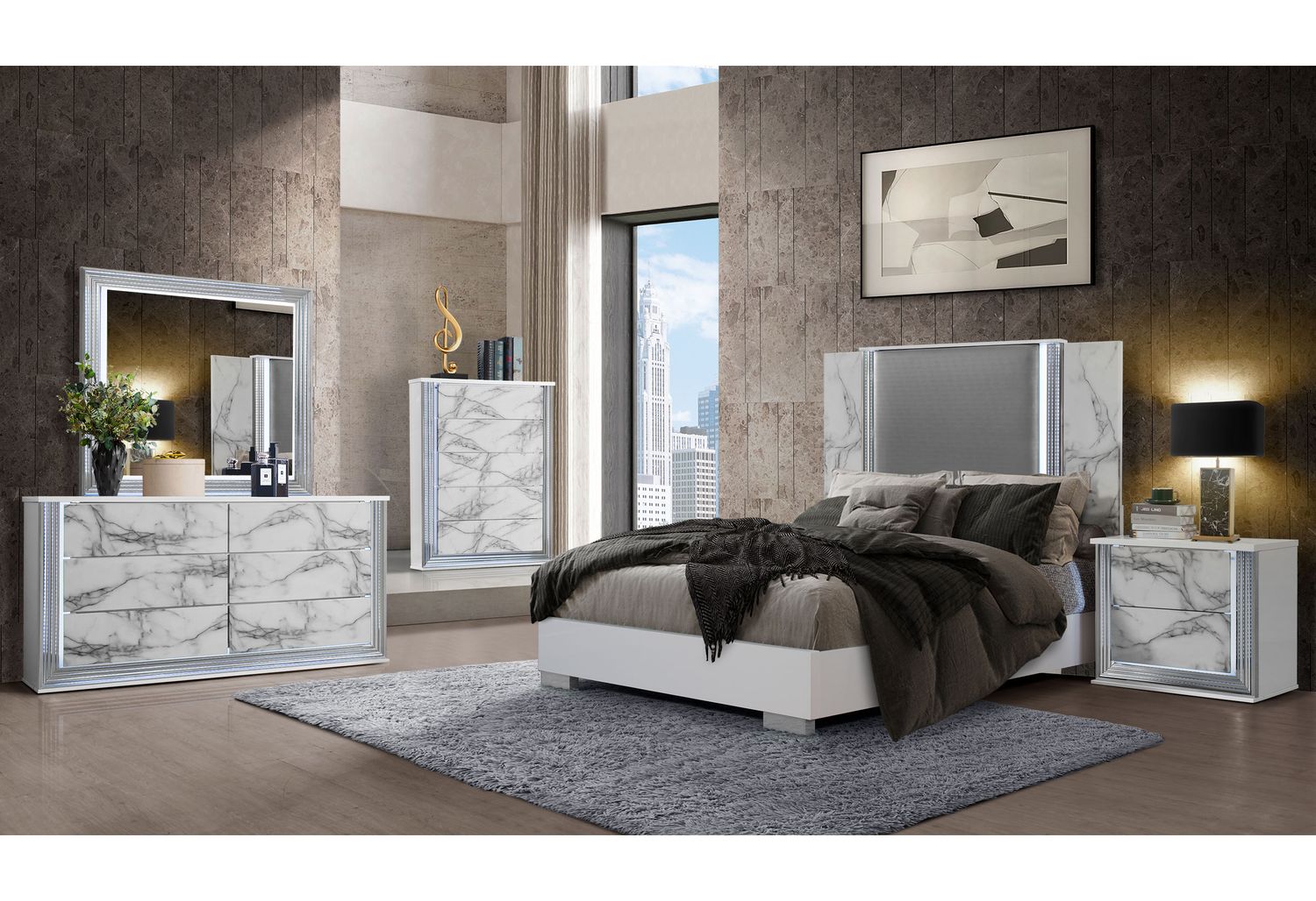 GF - Ylime White Marble Dresser With Led