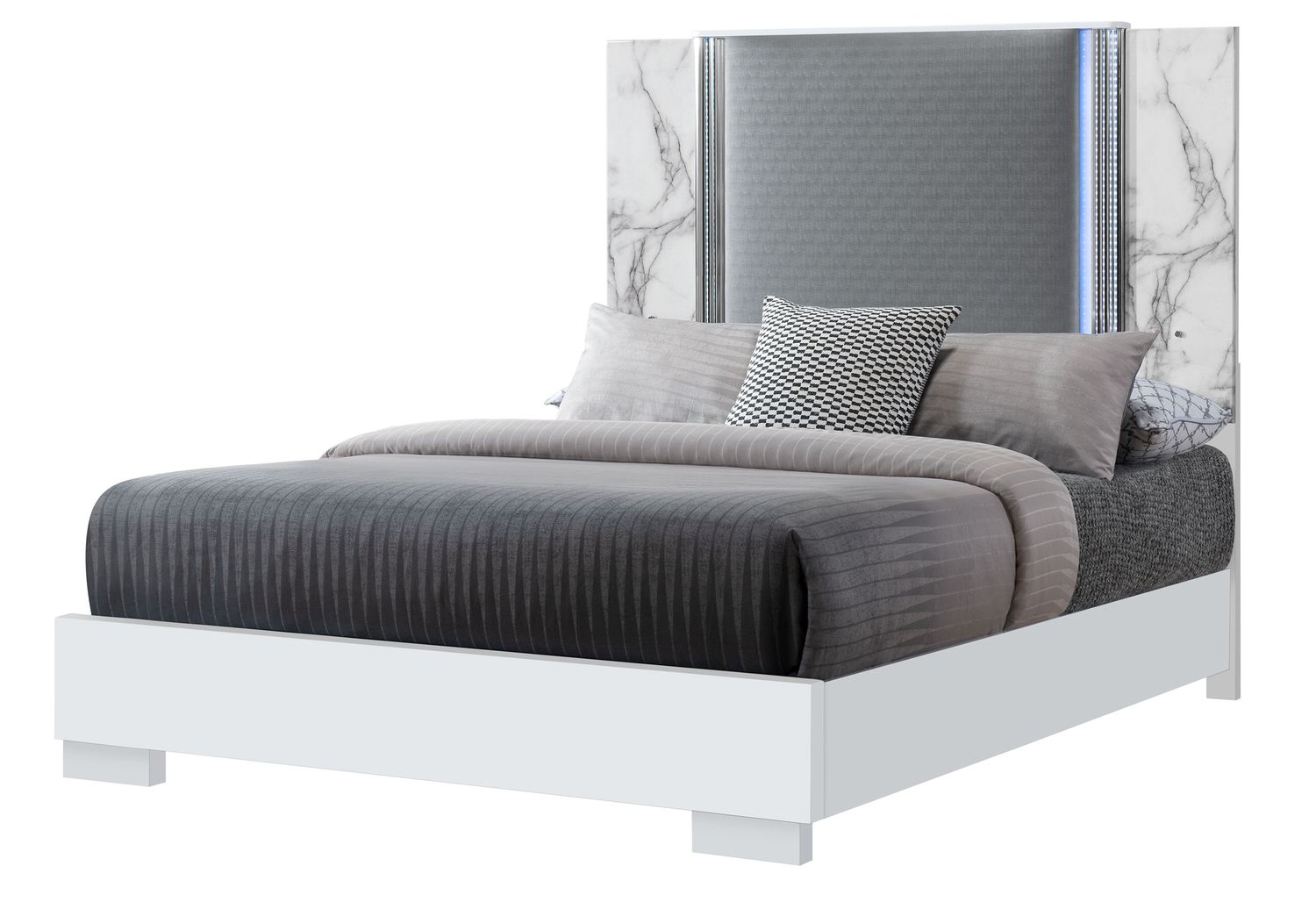 GF Ylime White Marble Queen Bed With Led